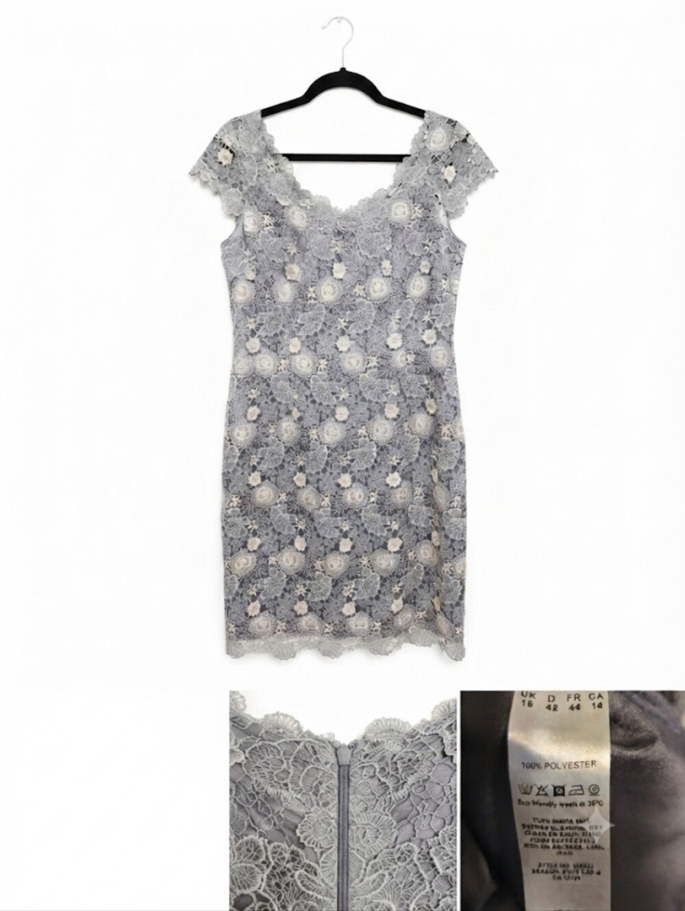 Gray Floral Lace Midi Dress with Cap Sleeves